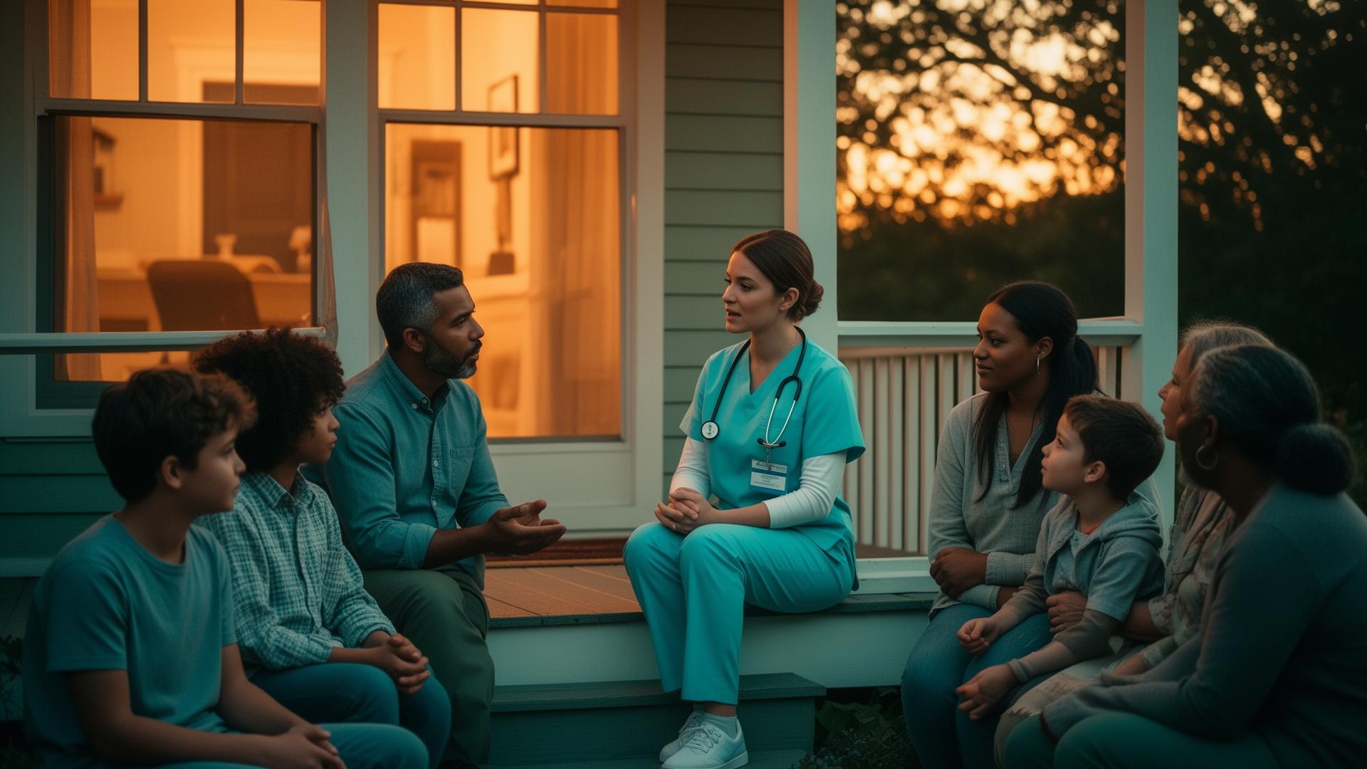 Healthcare worker meeting with a family at golden hour