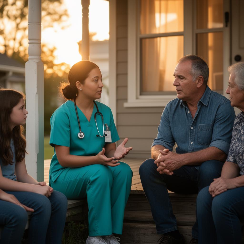 Healthcare worker meeting with a family at golden hour