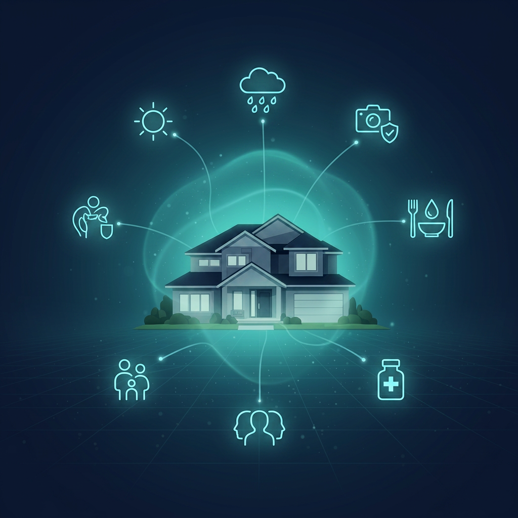 AMERESERVE Assurance household resilience support showing a protected home connected to preparedness, health, power, food, water, and AI guidance.