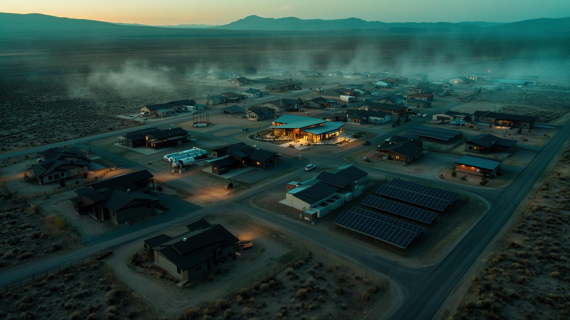 Modern reservation community at dusk with resilience infrastructure